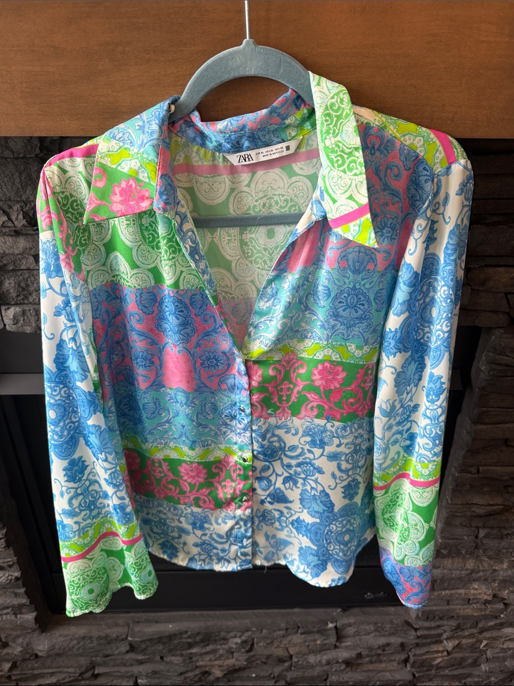 Zara Blue Pink Green Paisley-Print Satin Shirt
